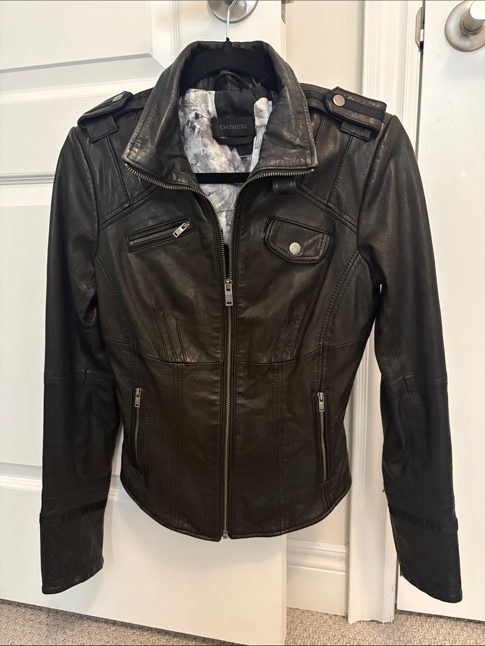 Danier Black Italian Leather Moto Jacket with Patterned Lining - XS